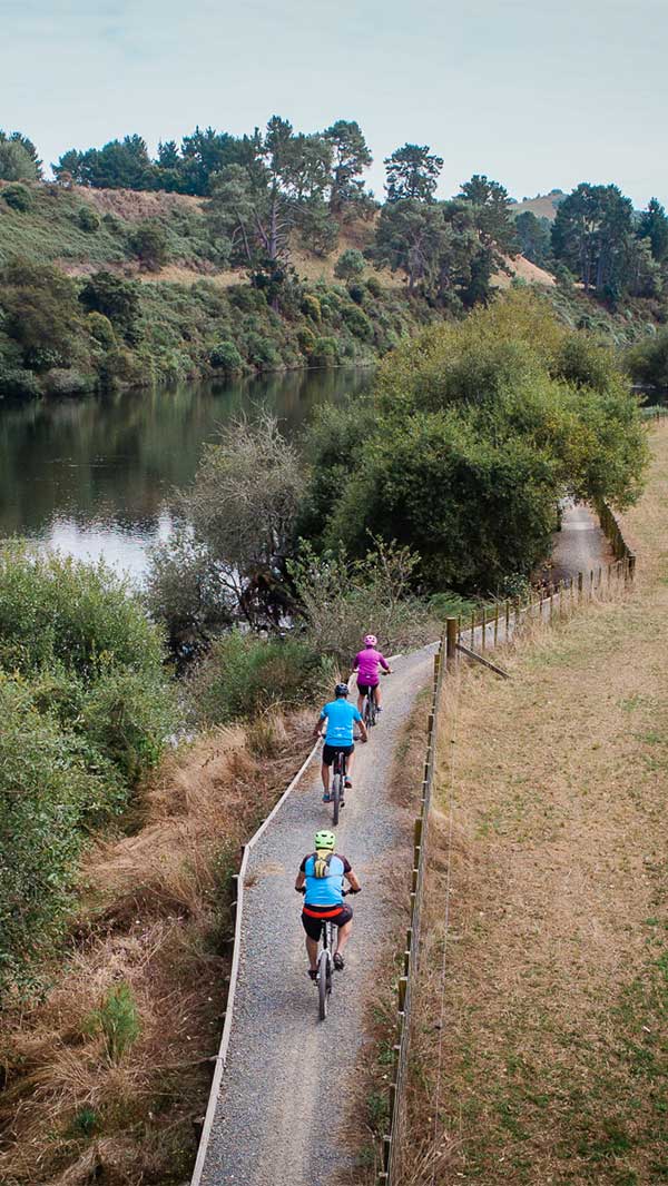 Cyclists riding along the Waikato River Trails
