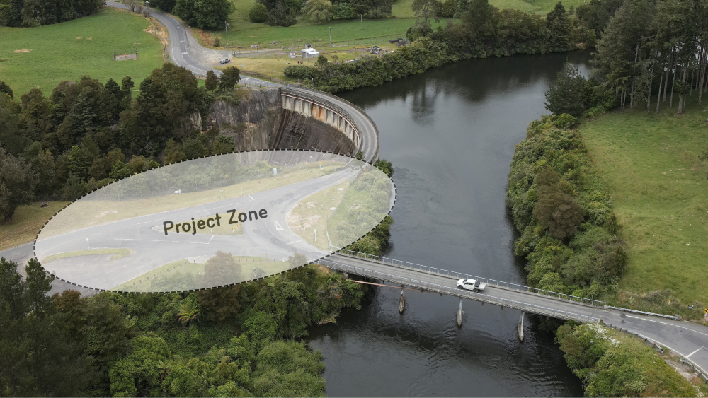 Aerial view of Arapuni dam looking south with area of the project zone for the left abutment in foreground shaded to illustrate area of work