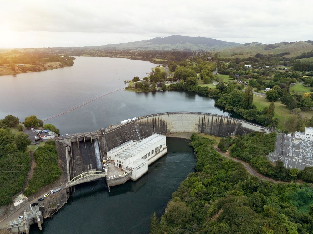 Aerial photo of Karapiro Hydro Station looking upstream