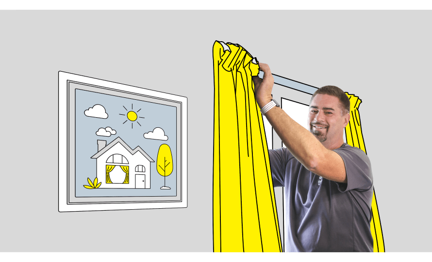 Richard installing curtains