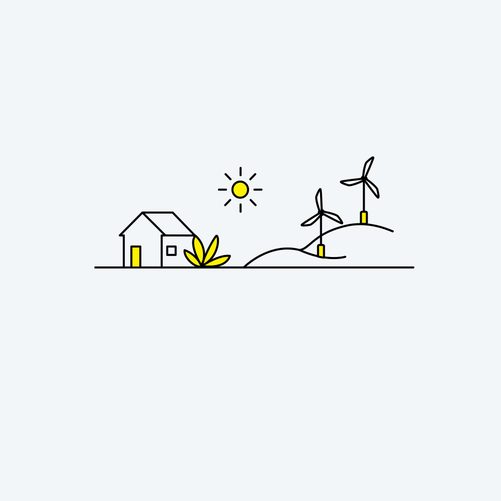 Illustration of a house and a hill with windmills.