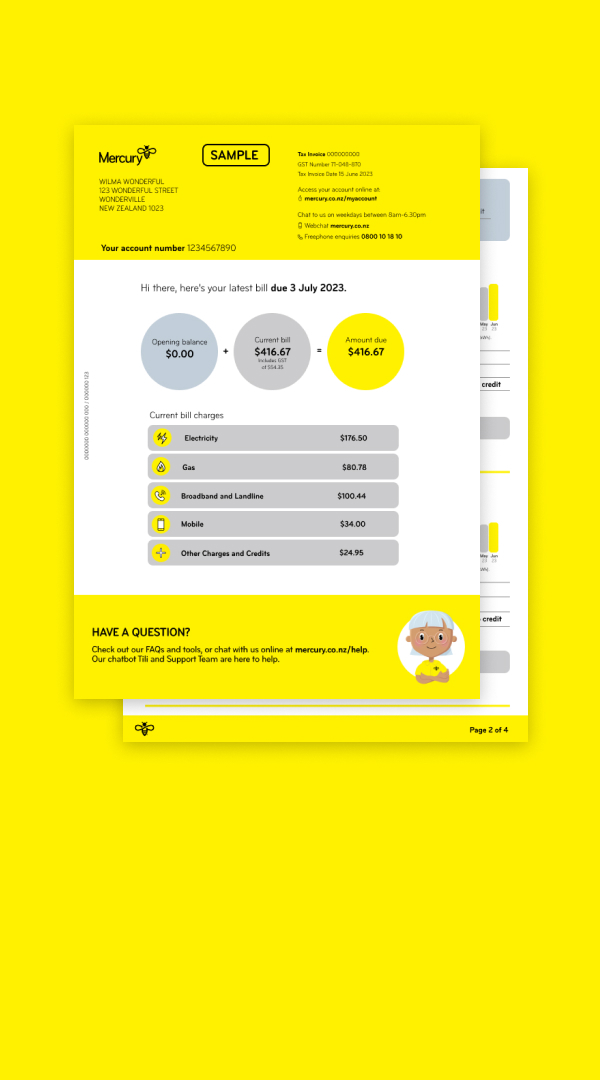 Mercury bill with monthly charges on a yellow background