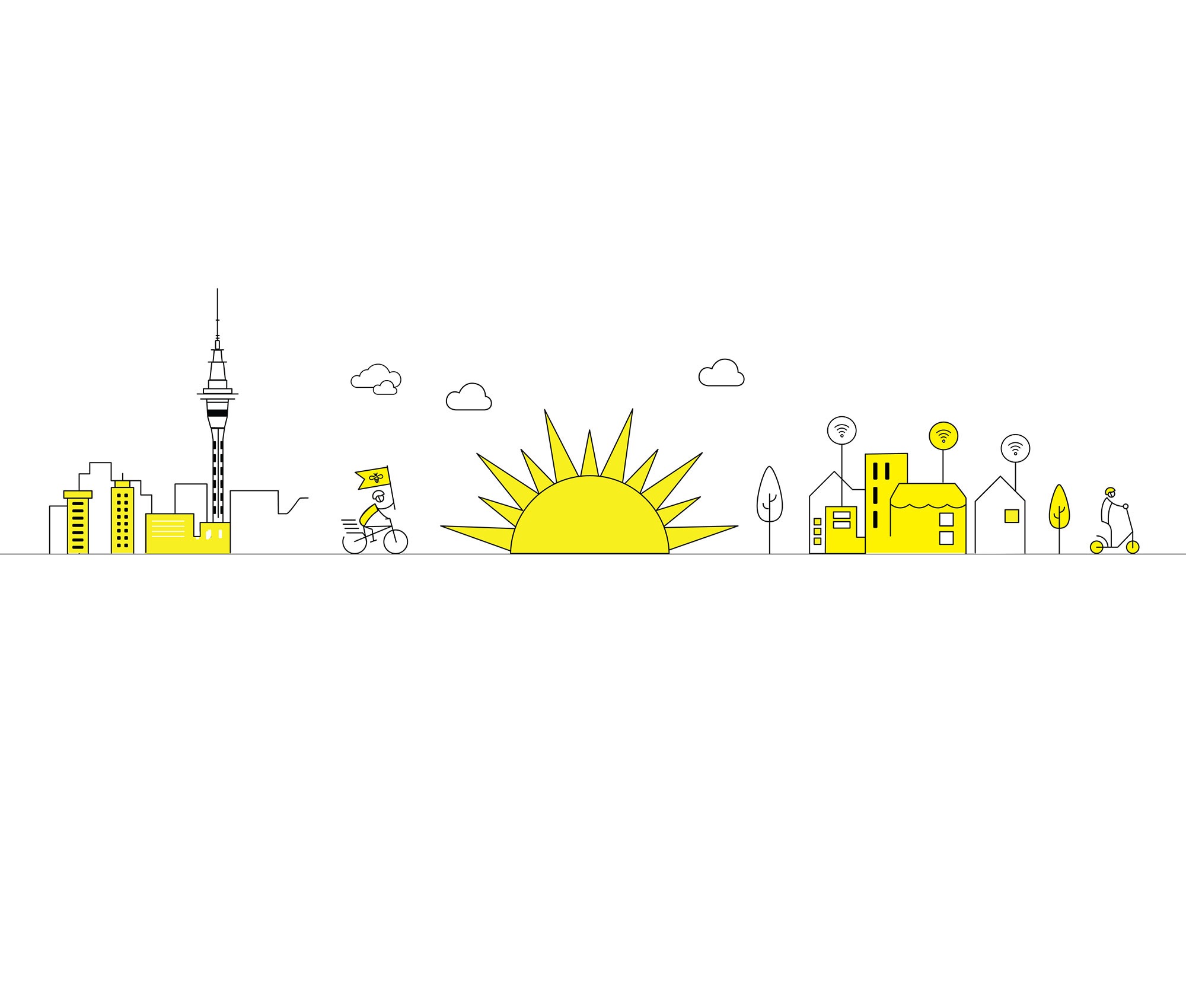 Illustration of a city scape and a sun.