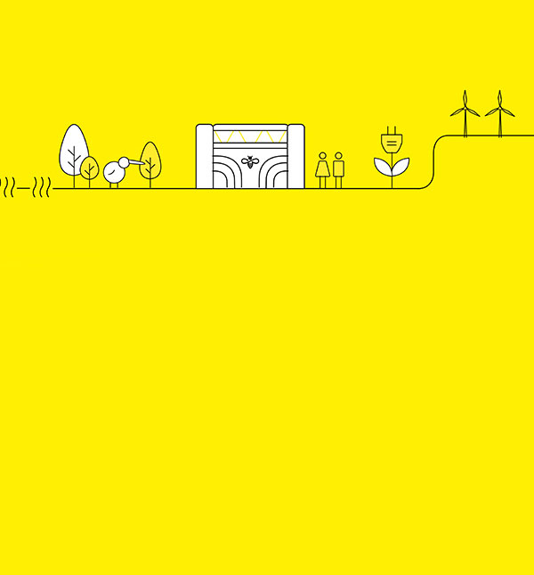 Line illustration on a yellow background, showing a generation station, windmills, trees, houses and an EV charging.