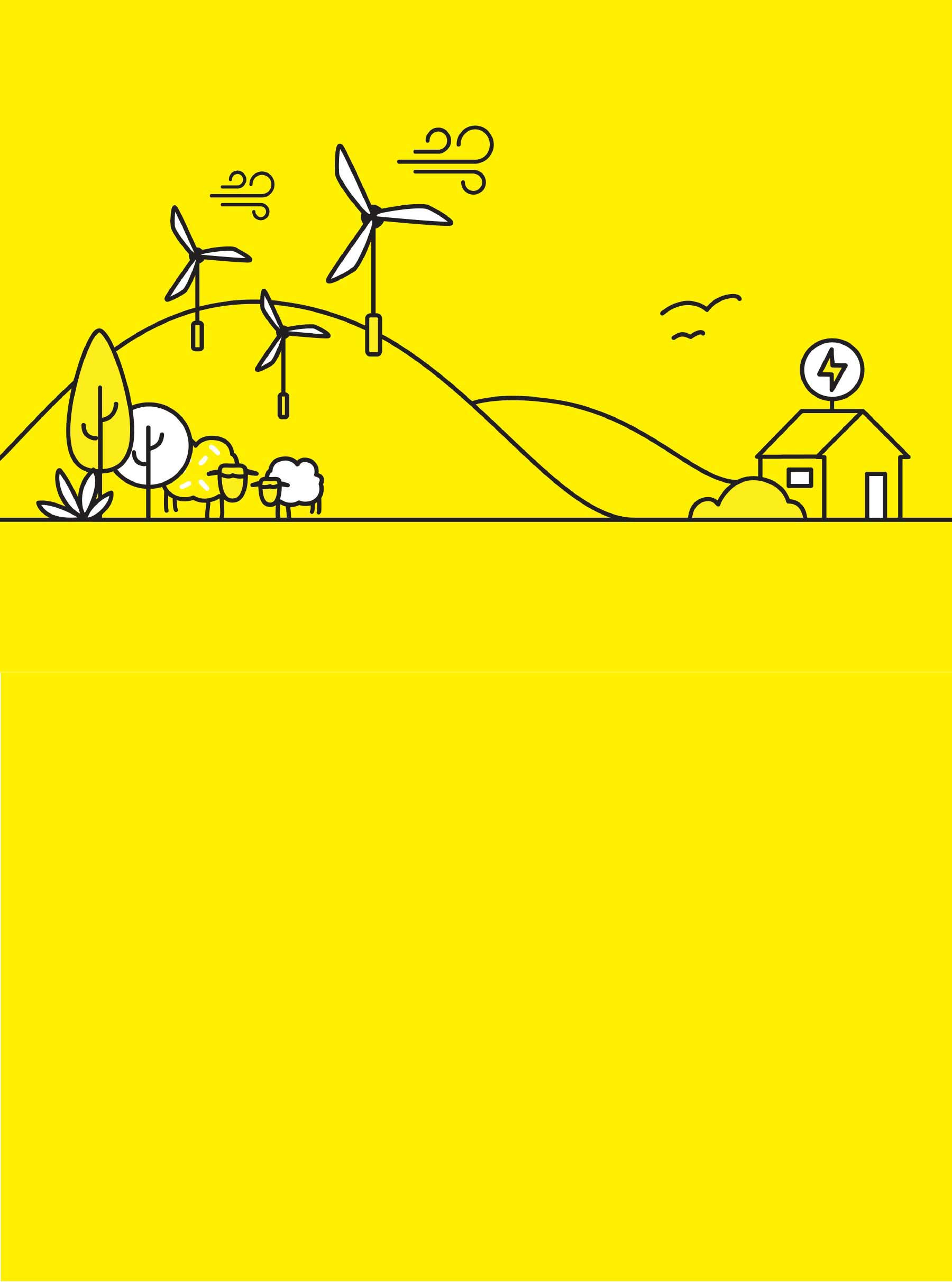 Line illustration on a yellow background, showing a scene of a hill with windfarms, trees, sheep, a house, seagulls and people.