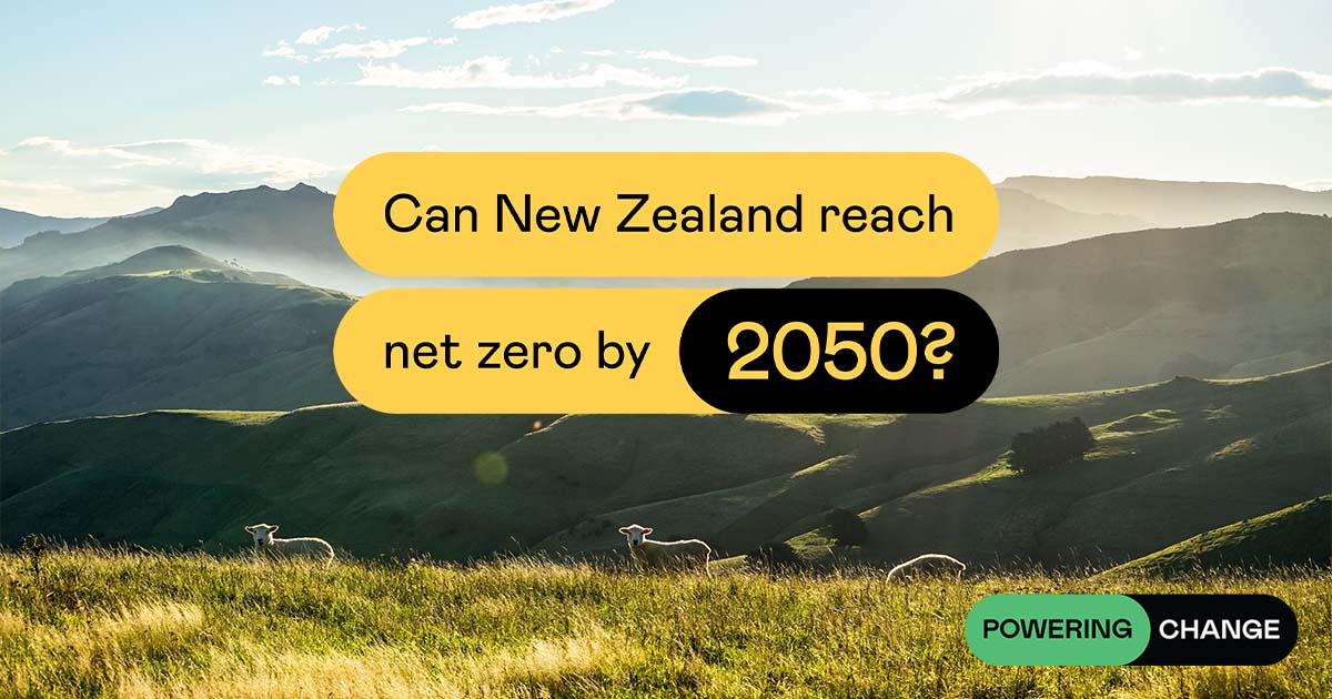 A landscape with logo text in front saying 'Can New Zealand reach net zero by 2050?'.