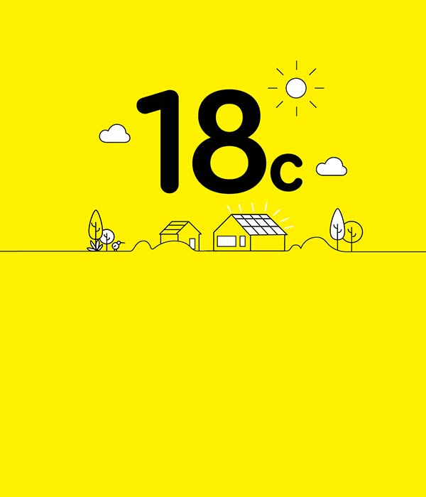 Illustration of houses with solar panels, against a yellow background and a large '18c' above.