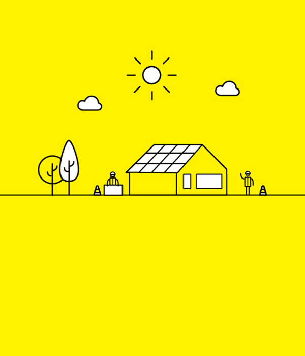 Illustration on a yellow background, of a house with solar panels and people in safety vests, with traffic cones.